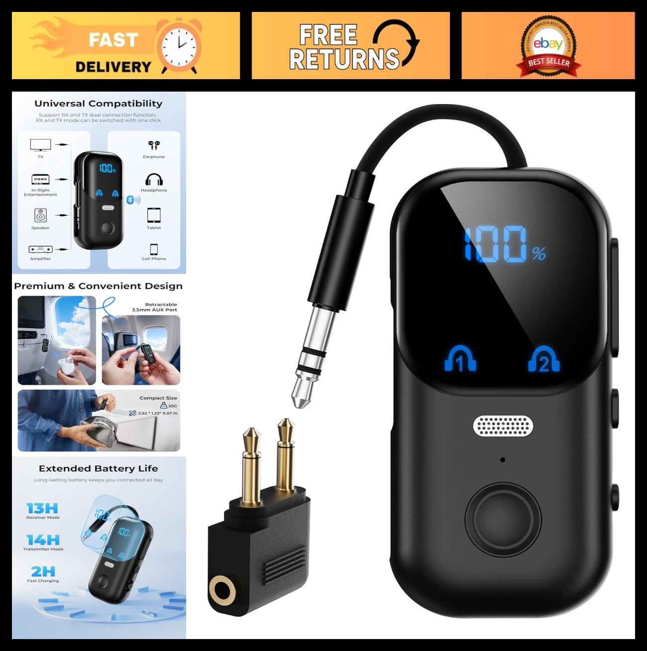 Bluetooth 5.4 Audio Adapter - 2-in-1 Transmitter & Receiver with Mic, LED Displa