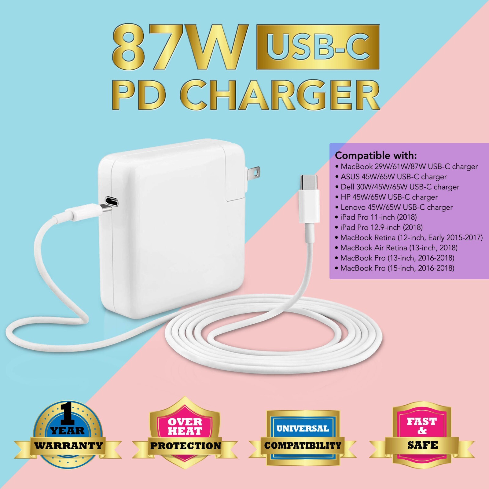 87W 20.2V 4.3A USB-C Power Adapter For MacBook Air 13" A2337 A2179 A1932 M1,2020