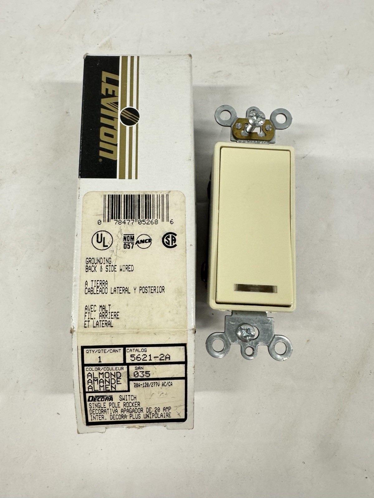 Leviton 5621-2A Decora 20A Single Pole Rocker Switch Almond 120/277V New