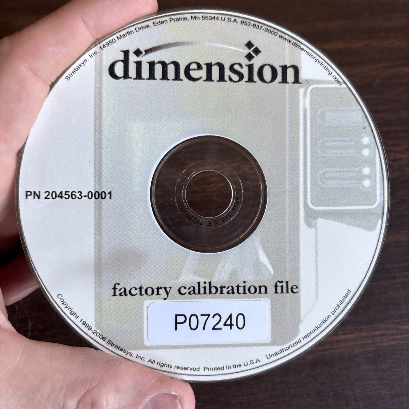 Stratasys Dimension Elite Factory Calibration File CD P07240 PN 204563-0001 2006
