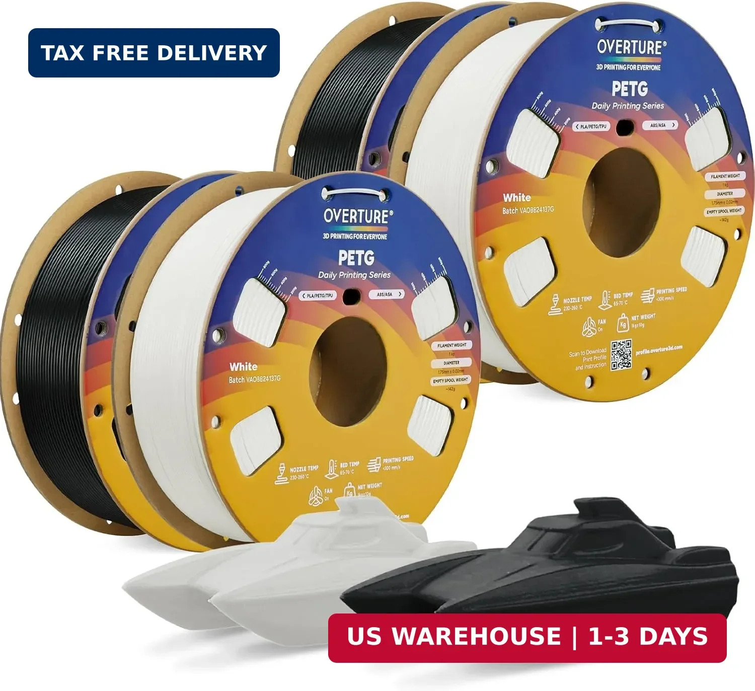 OVERTURE PETG Filament 1.75mm Bundle 4kg, High Speed 3D Printer Filament, Neatly