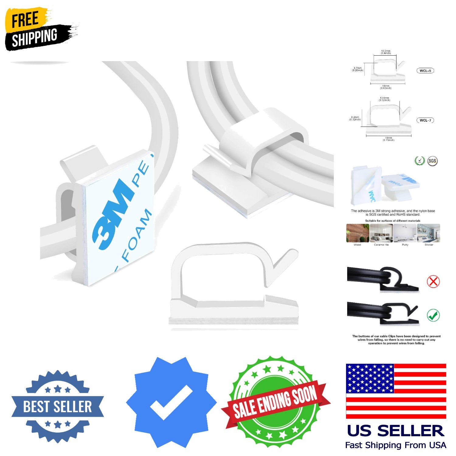 120PCS Adhesive Cable Wire Clips White, Cable Staples Outdoor Cable Managemen...