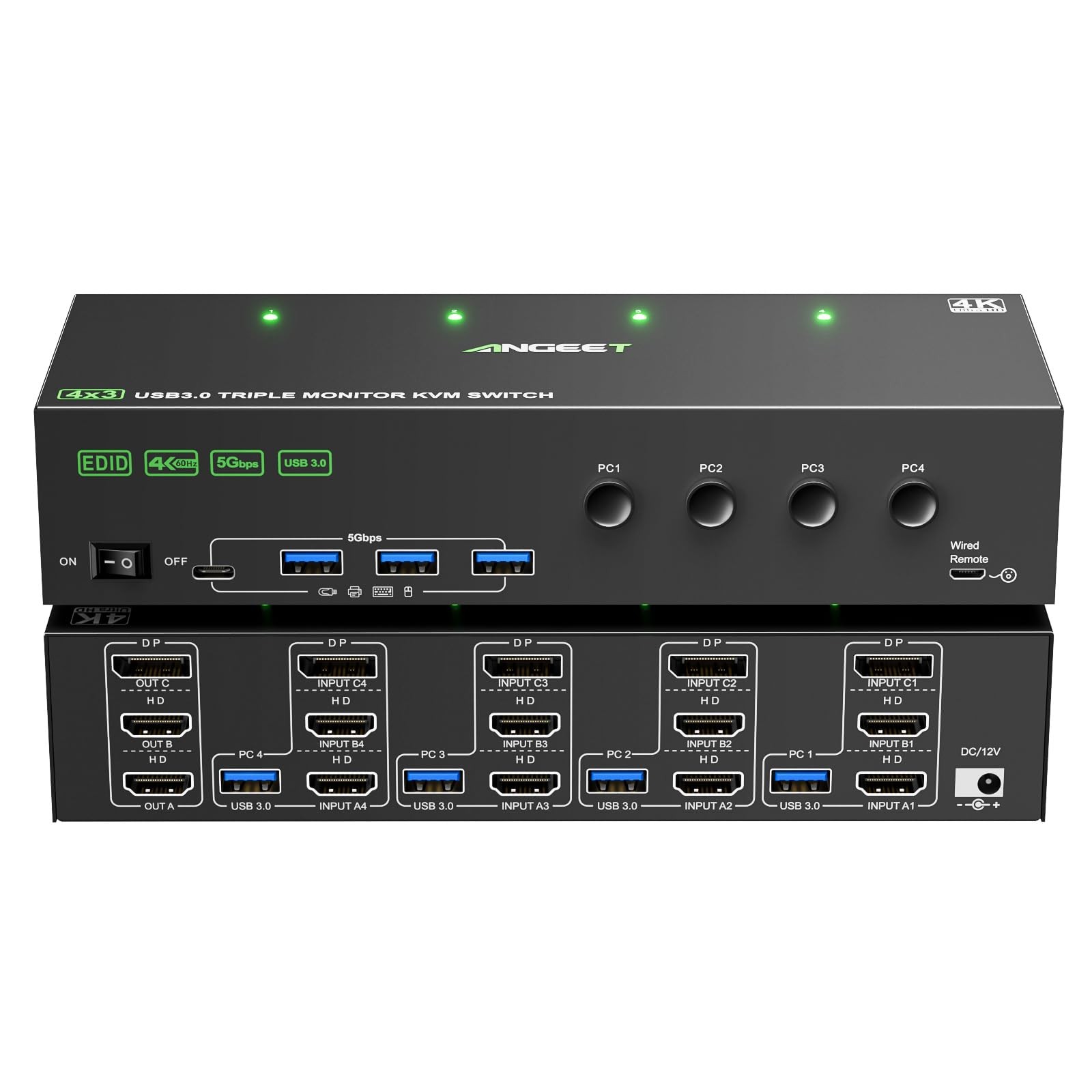 KVM Switch 3 Monitors 4 Computers 4K@60Hz EDID Simulation, 2 HDMI+Displayport