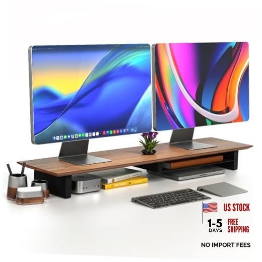 Solid Wood Dual Monitor Stand Riser, 42 Inch Walnut Desk Shelf | Fits 2