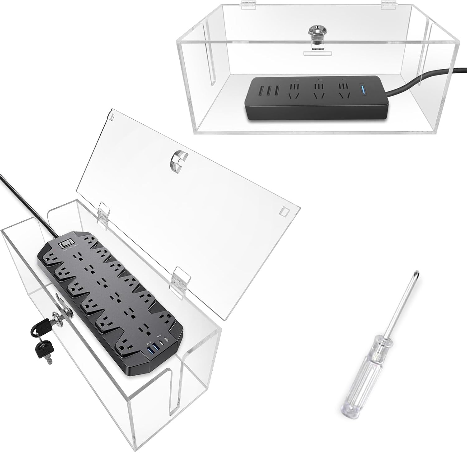 2PC Cable Management Box with Lock,Acrylic,Cable Organizer Box & Power Strip Cov