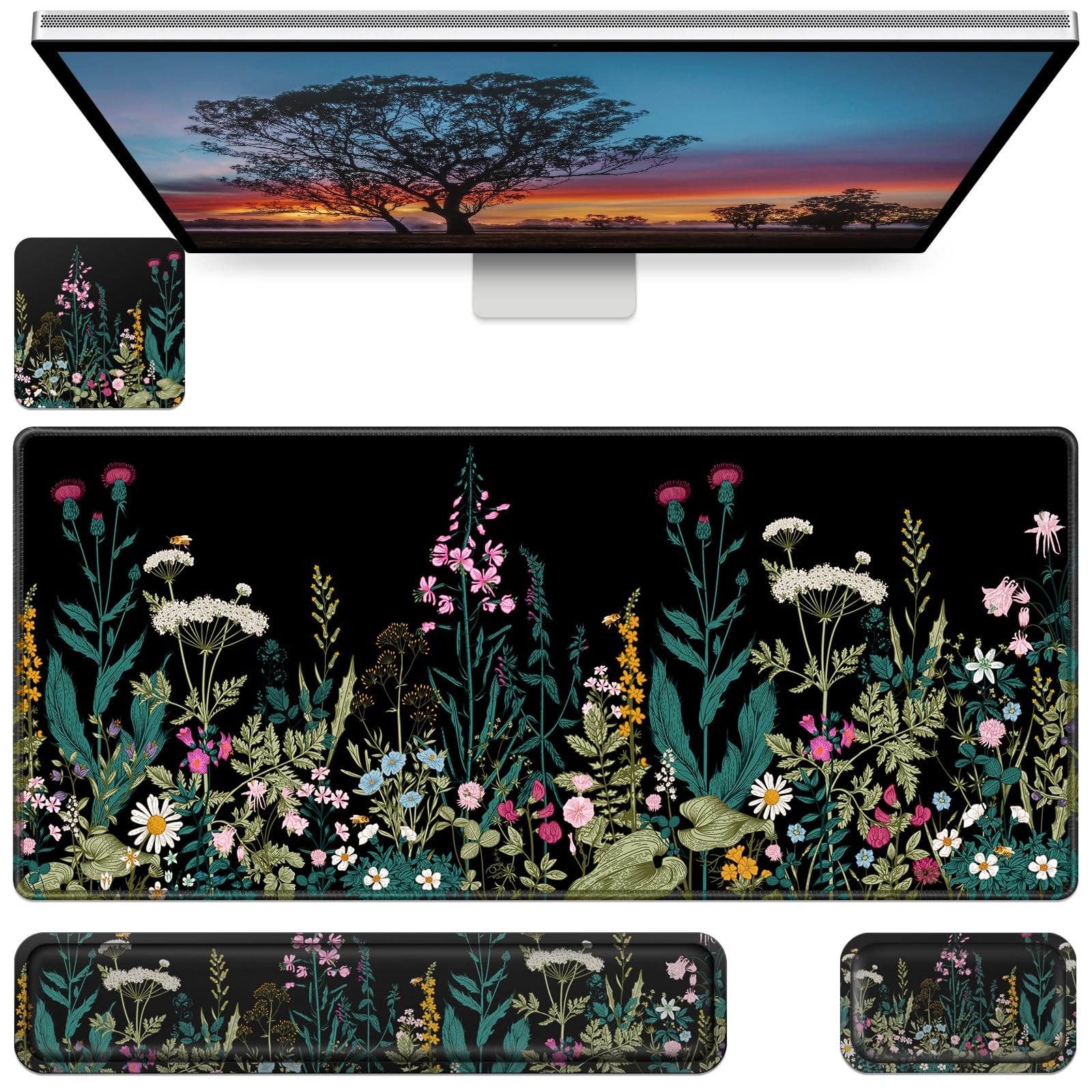 4 in1 Desk Mat, Large Gaming Mouse Pad with Wrist Rest Floral