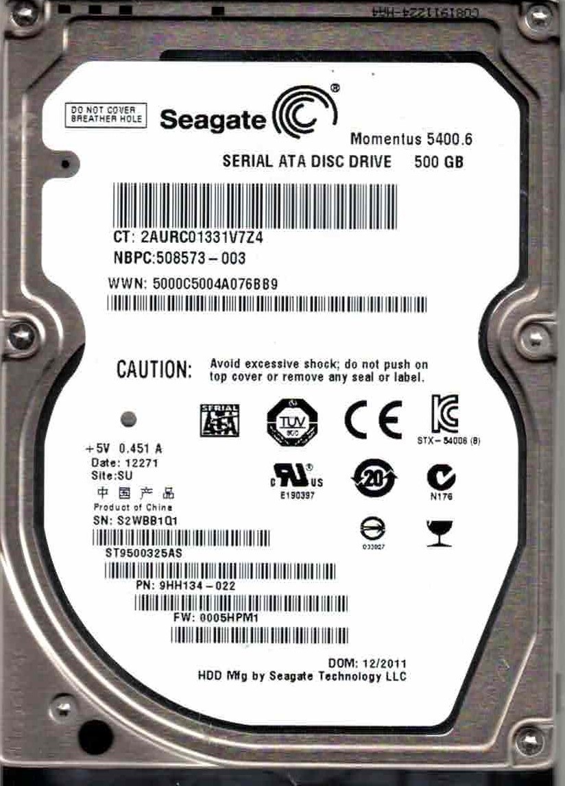 ST9500325AS,  9HH134-022,  0005HPN1,  SU,  S2WB,  SEAGATE SATA 500GB, DEC 2011