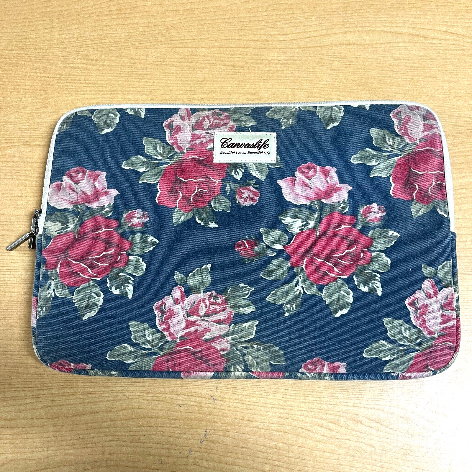 Laptop Computer Sleeve Canvaslife Rose Pattern Navy Background Padded 15”x10” 