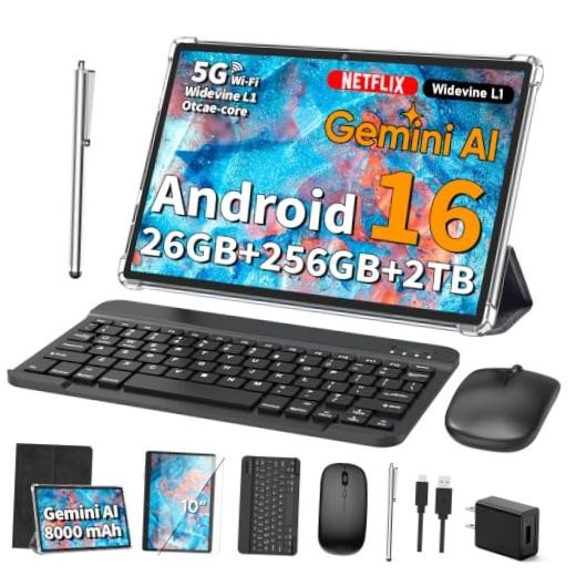 10 Inch Tablet with Keyboard - Android 16 Tablet with 26GB+256GB+2TB Black