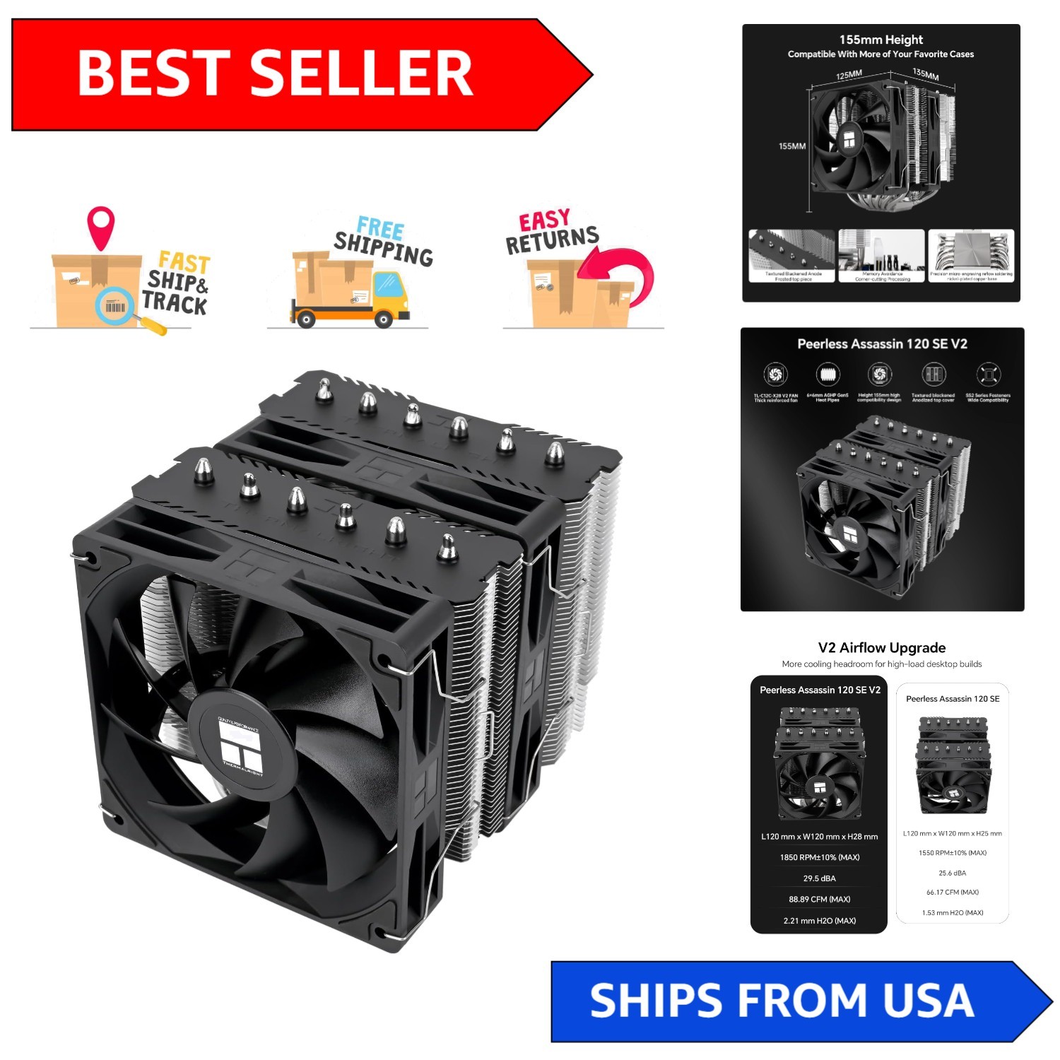 Ultra-Quiet Dual Tower CPU Cooler with 1850 RPM Fans - AMD & Intel Compatible