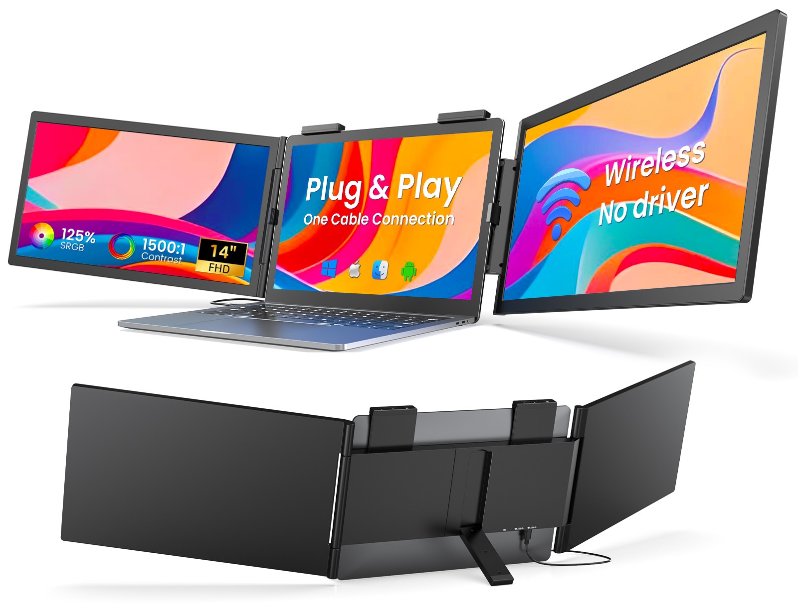 UPERFECT 14" Wireless Triple Screen Portable Monitor Laptop Extender 1080P