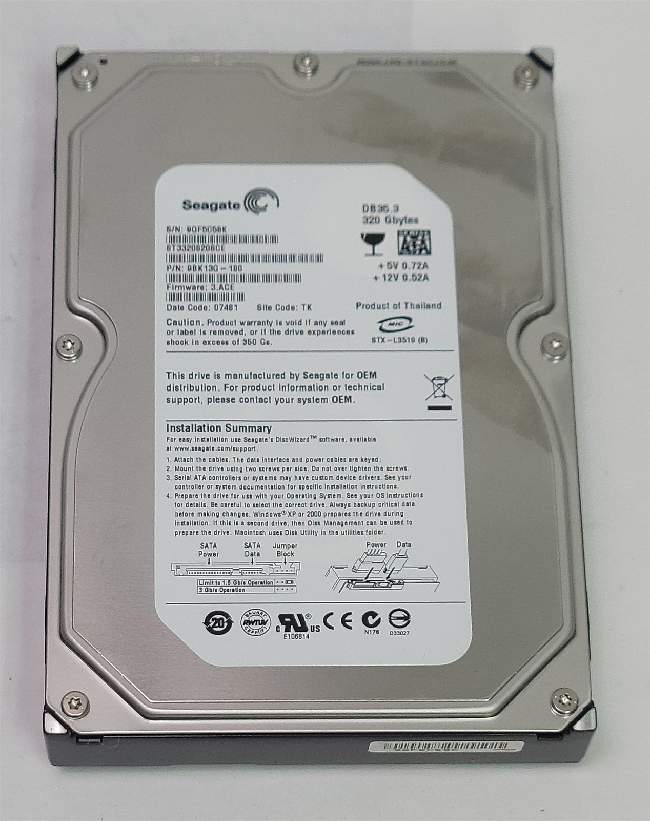 Seagate ST3320820SCE HDD ,3.5", 320 GB, SATA 300/ATAPI-7, Tested w/ pics