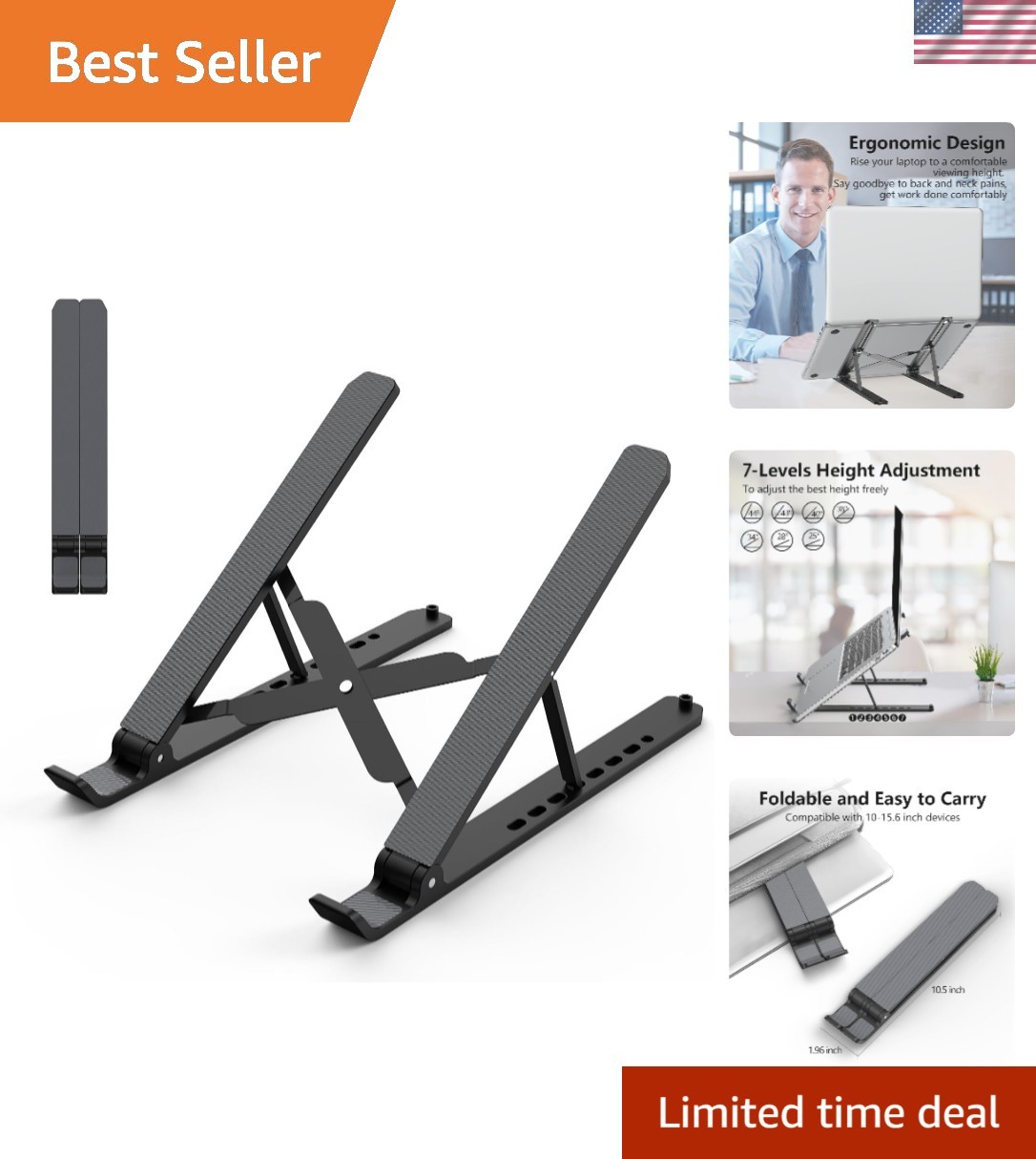 Black Adjustable Laptop Stand – Compact, Sturdy, and Compatible with 10-15.6"