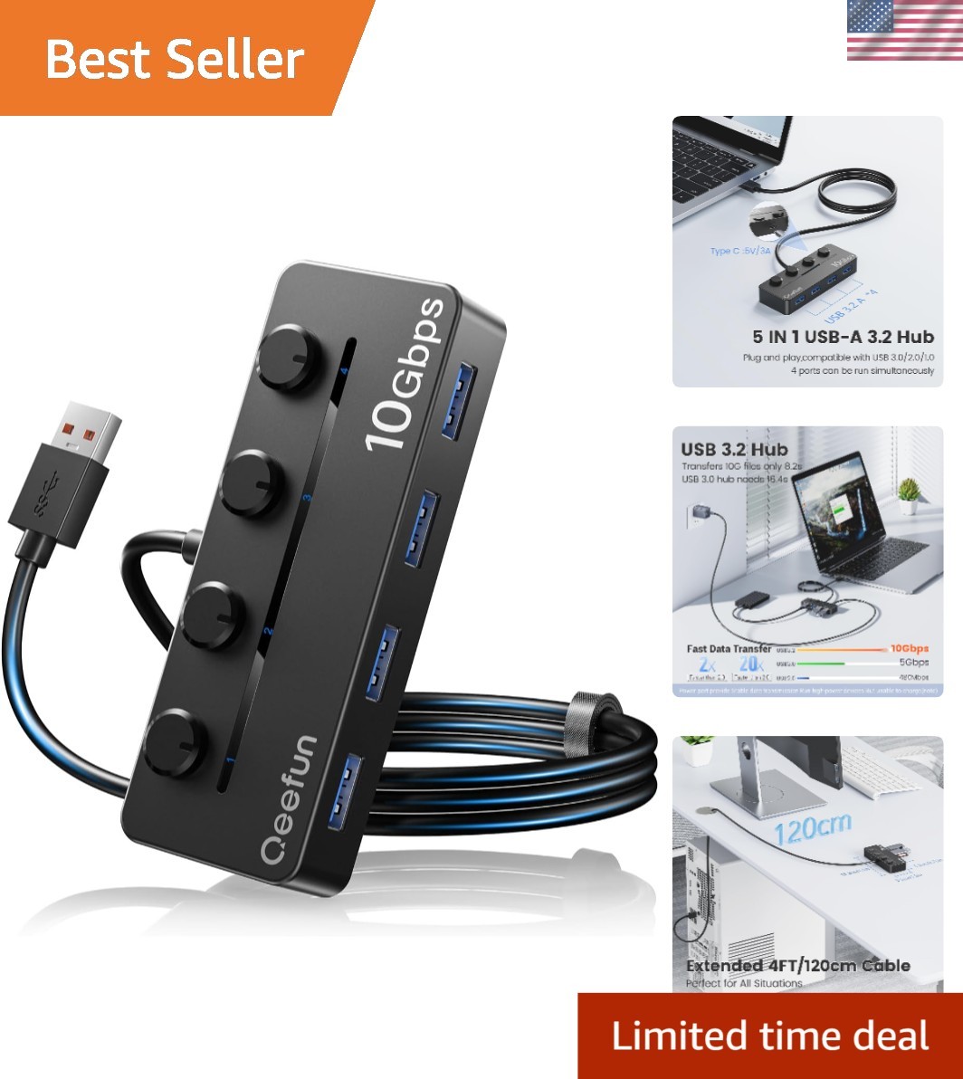 Expand Your Connections: Qeefun 4-Port USB 3.2 Hub with 10Gbps Speed & Cable