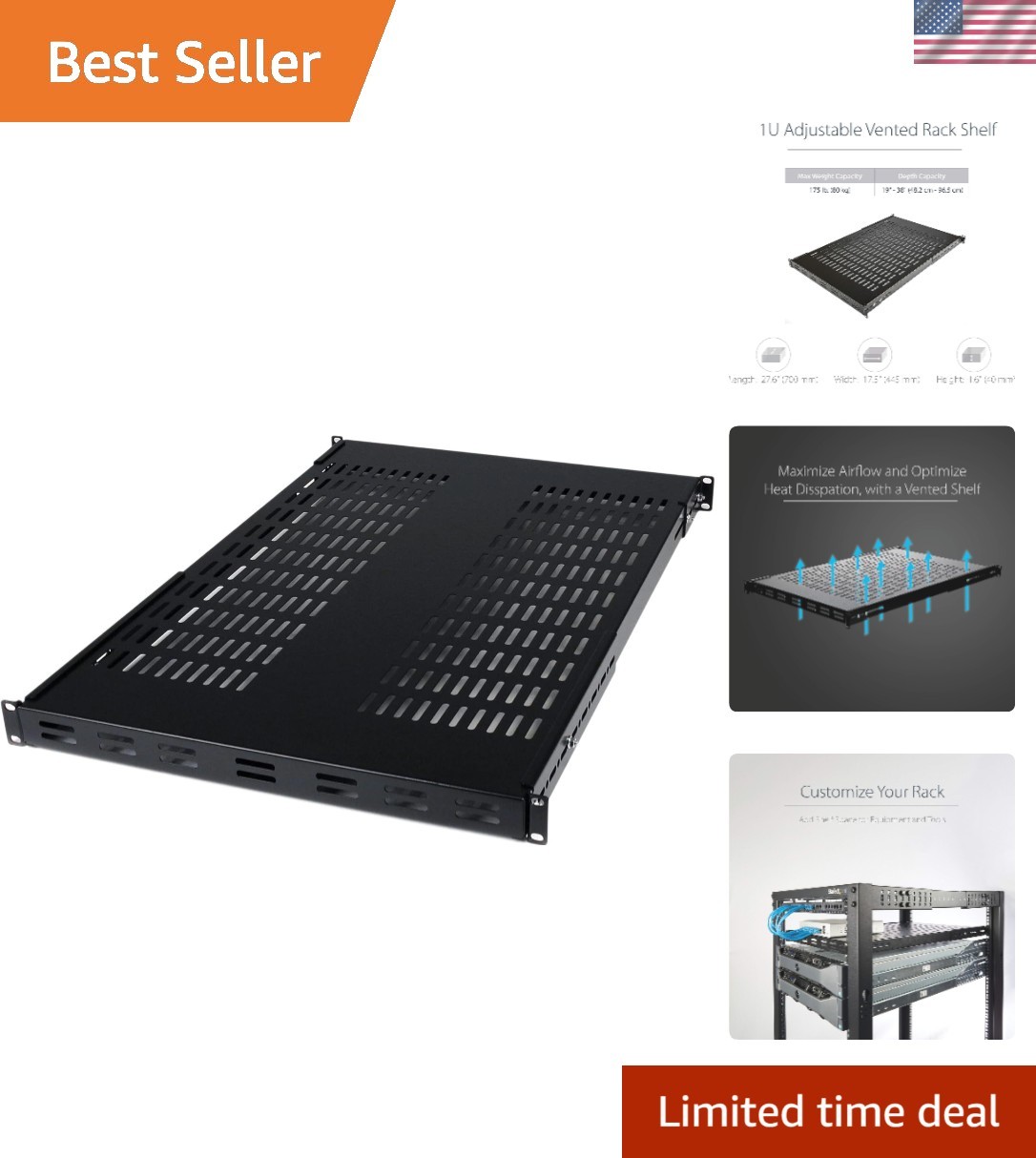 Heavy-Duty 1U Adjustable Rack Shelf - 27.6in Deep, Perfect for Server Equipment
