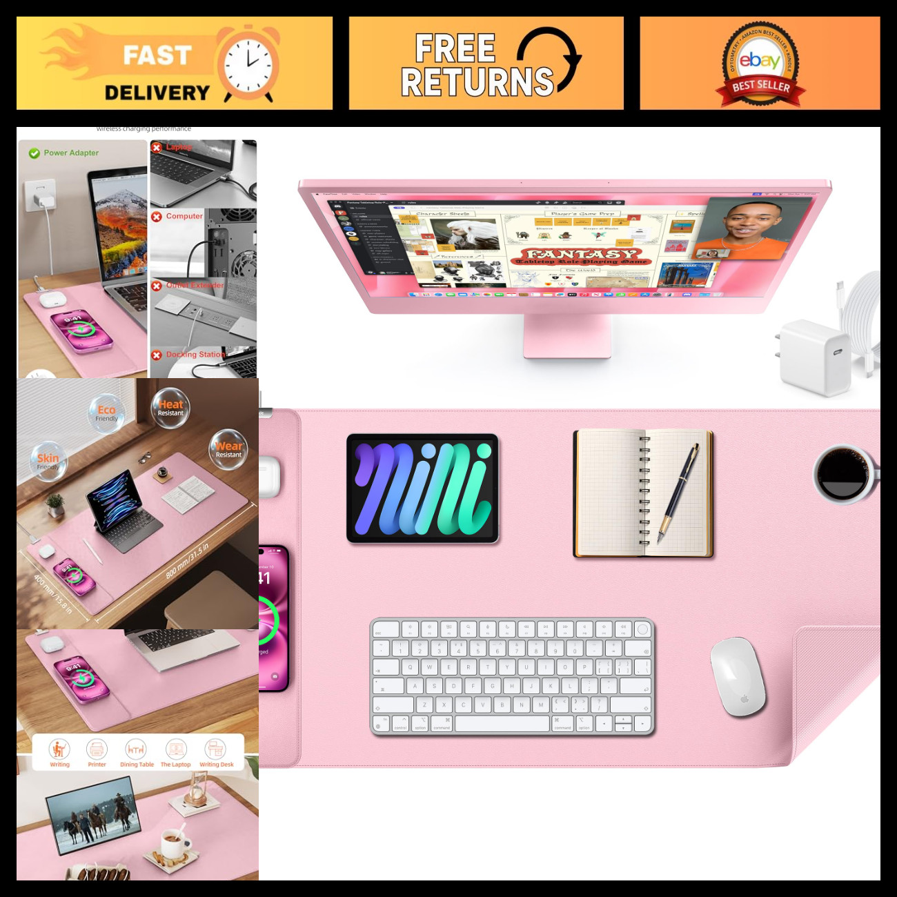 XXL Large Pink Leather Mouse Pad with 15W Wireless Charging - Desk Mat Accessory