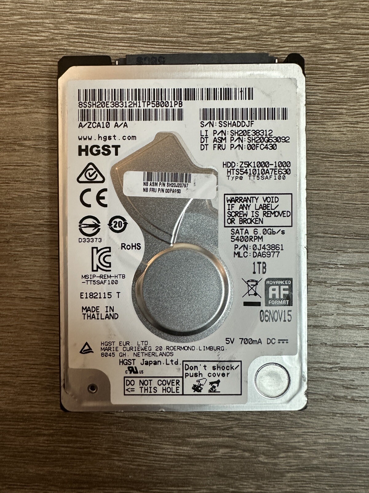 HGST 1TB HDD HTS541010A7E630 P/N: 0J43861 MLC: DA6977