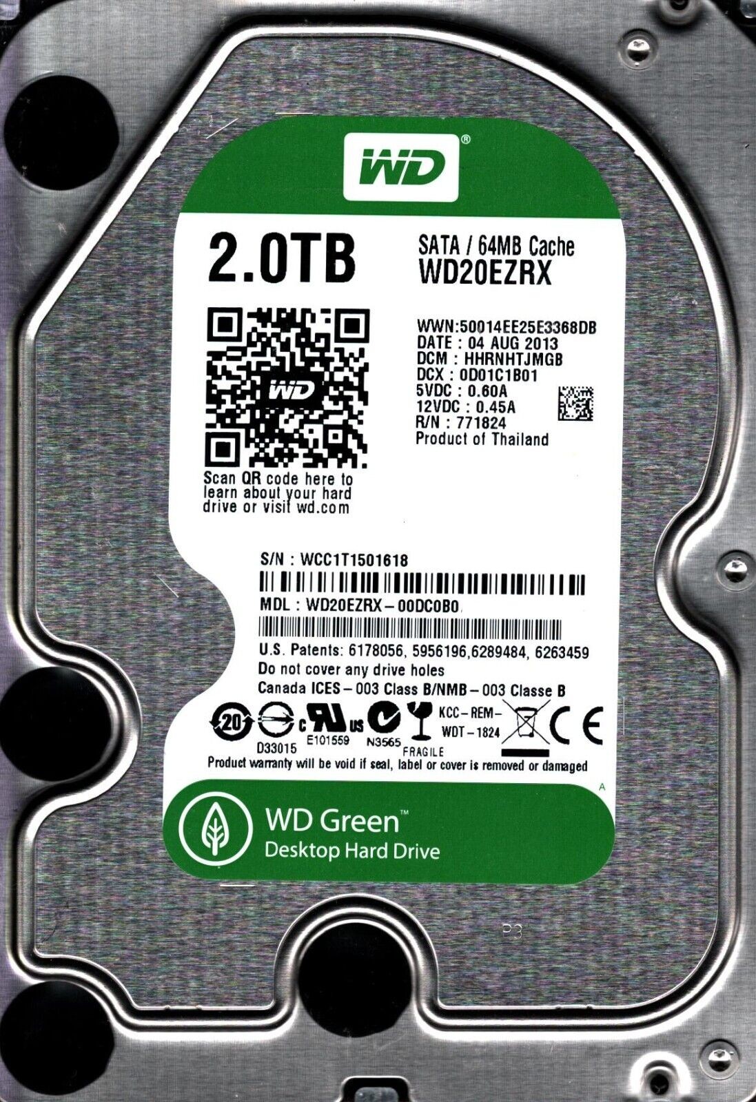 WD20EZRX-00DC0B0 S/N:WCC1T DCM: HHRNHTJMGB WESTERN DIGITAL 2TB THAILAND AUG 2013