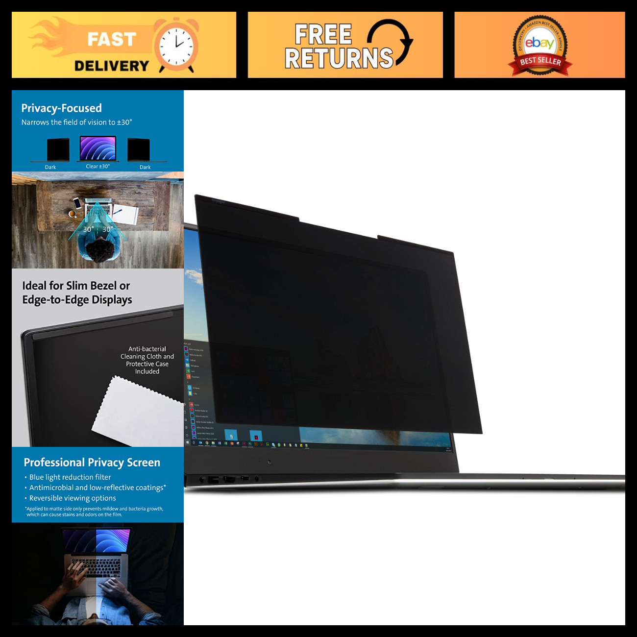 15.6" Magnetic Laptop Privacy Screen Filter - Anti-Glare, Blue Light Reduction,