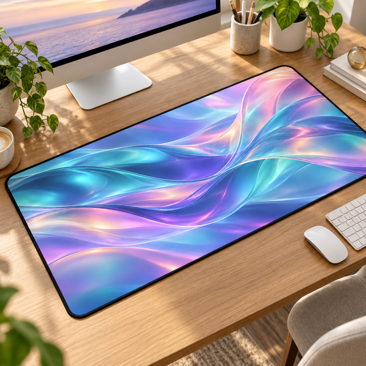 Pastel Abstract Wave Desk Mat & Mouse Pad, Blue Pink Purple Office Decor