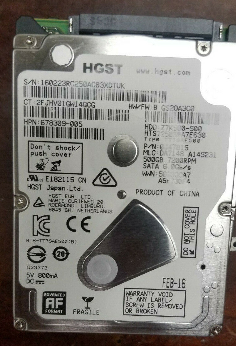 HP 678309-005 HGST HTS725050A7E630 500GB 7200 RPM 2.5" SATA 2.5" Laptop HDD