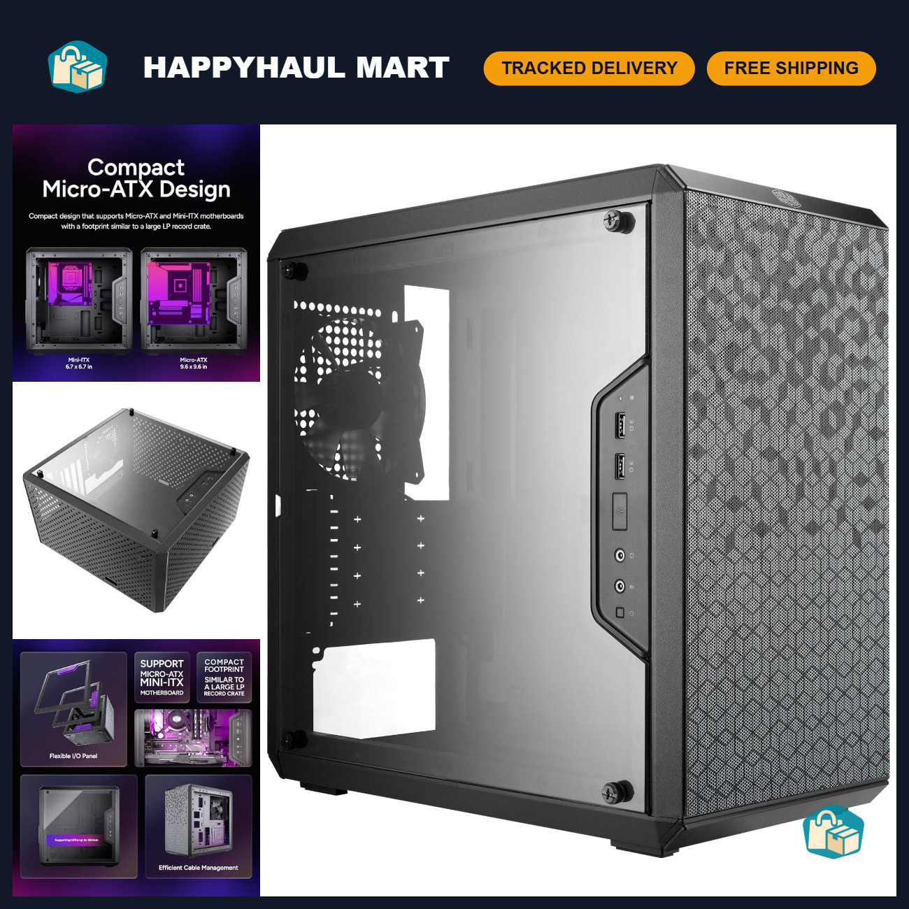 Micro-ATX PC Case, High Airflow Design, Transparent Side Panel, Compact Gaming C