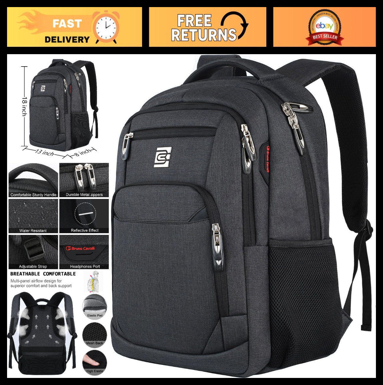 Slim Anti-Theft Laptop Backpack, Water-Resistant Travel Bag for 15.6" Laptops -