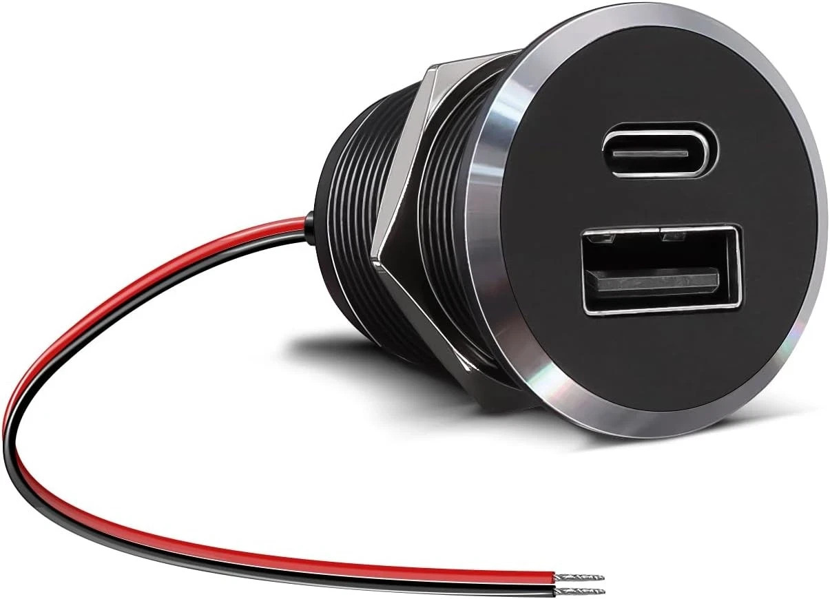 12V USB Outlet All-Aluminum QC 3.0 USB-A & USB-C PD3.0 Dual High-Speed Charger S