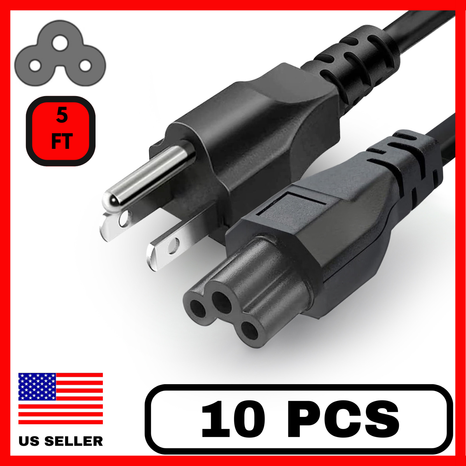 10 Pack 5ft 3-Prong Mickey Mouse AC Power Cord 10a 125v For Laptop Printer TV