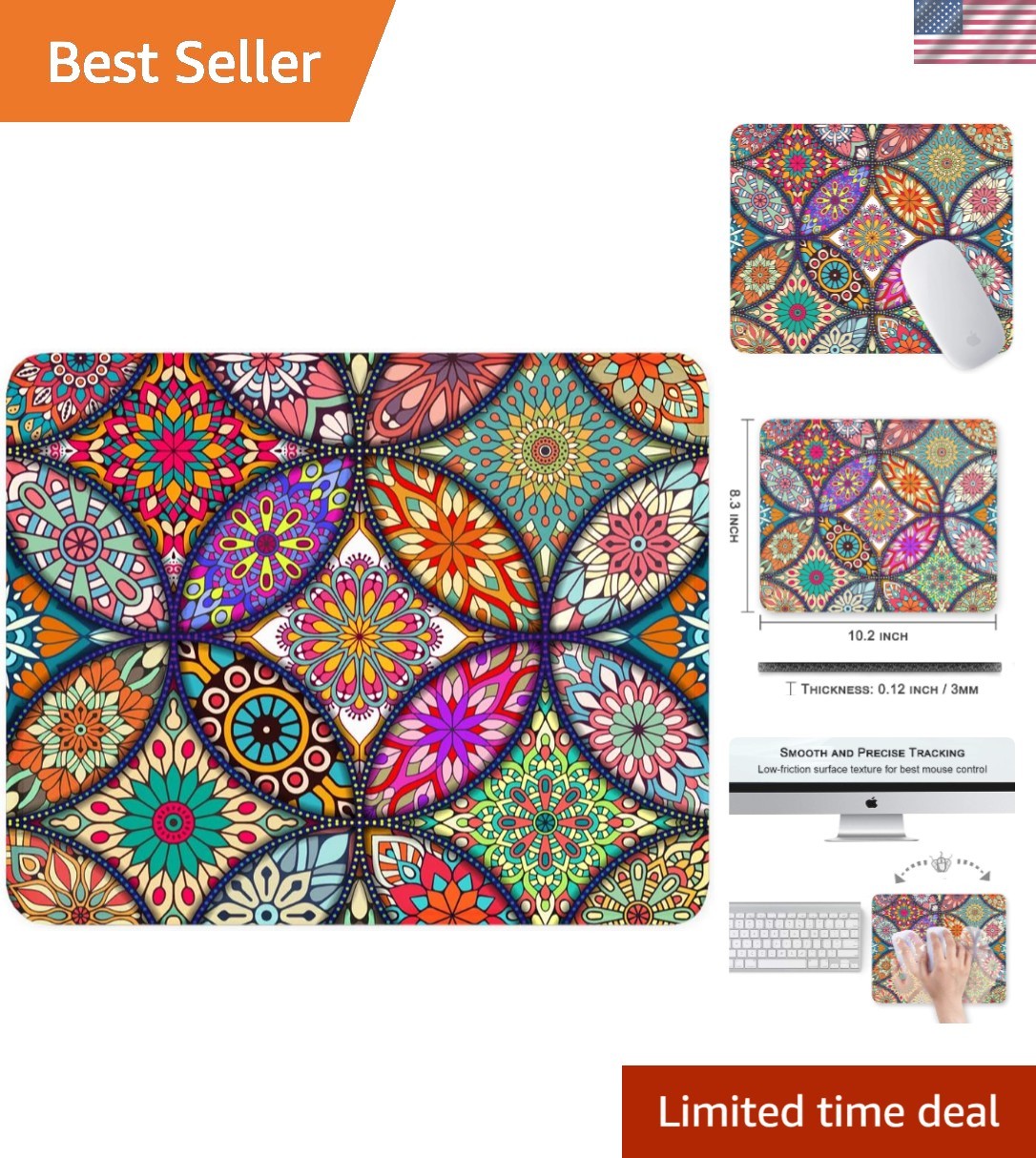 Floral Mandala Mouse Pad - Non-Slip, Waterproof, 10.2x8.3 Inch for Gaming & O...