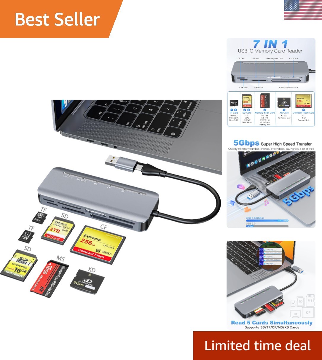 7-in-1 USB-C Memory Stick Pro Duo Card Reader for Efficient File Transfers