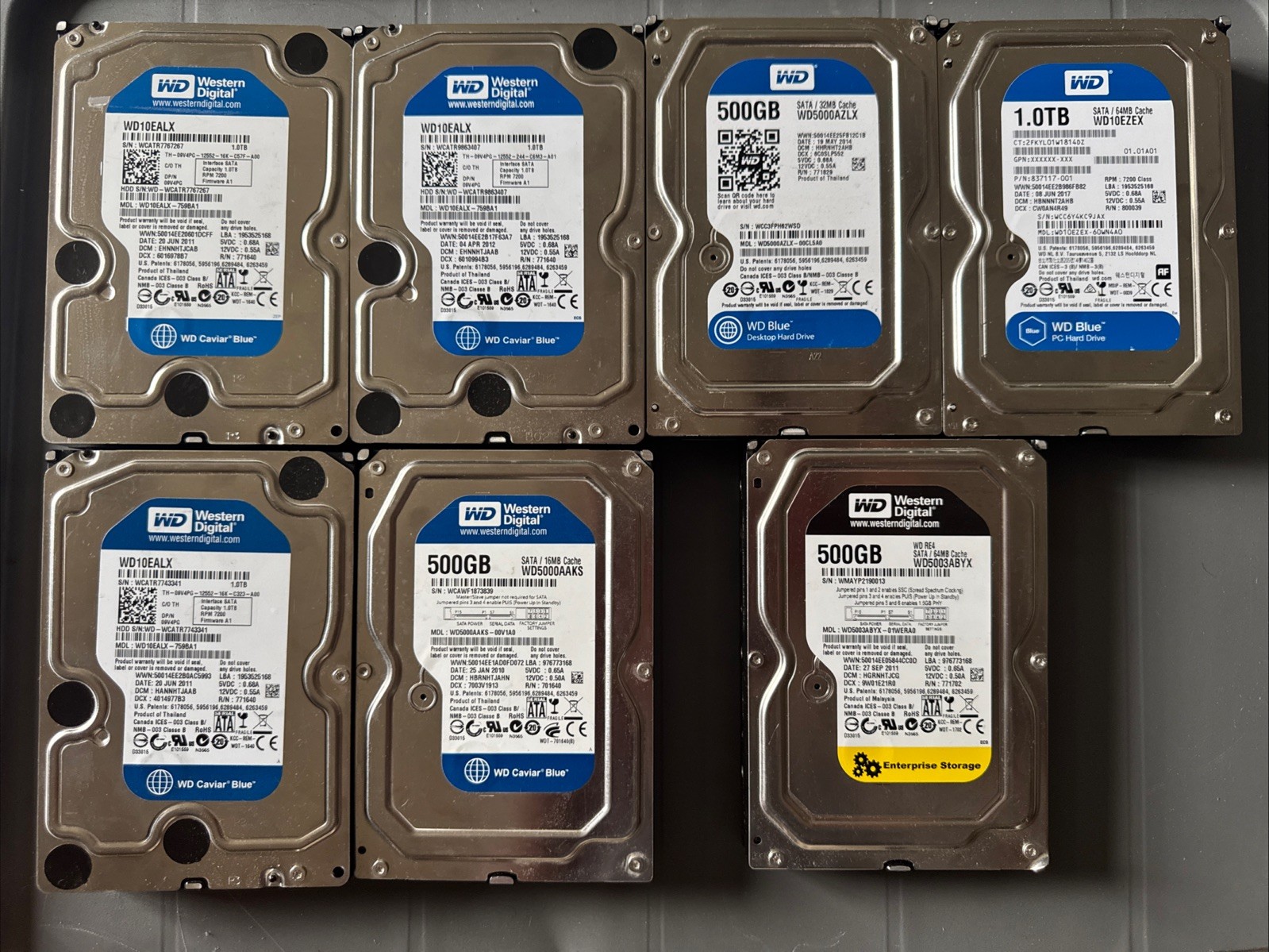 7 Western Digital 3.5" SATA Hard Drives - 5.0TB Total (4x 1TB, 3x 500GB) 7200RPM