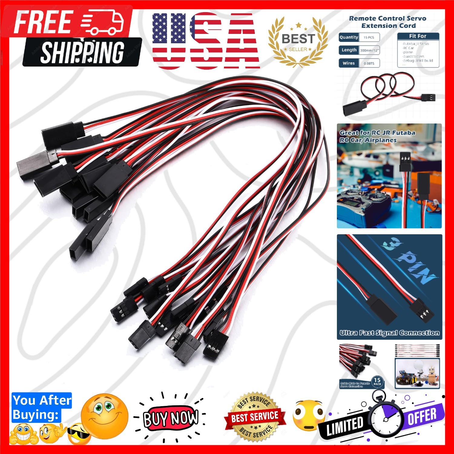 15 Pcs 3 pin Servo Extension Cable,11.8 Inch | Male to Female Connectors, Com...