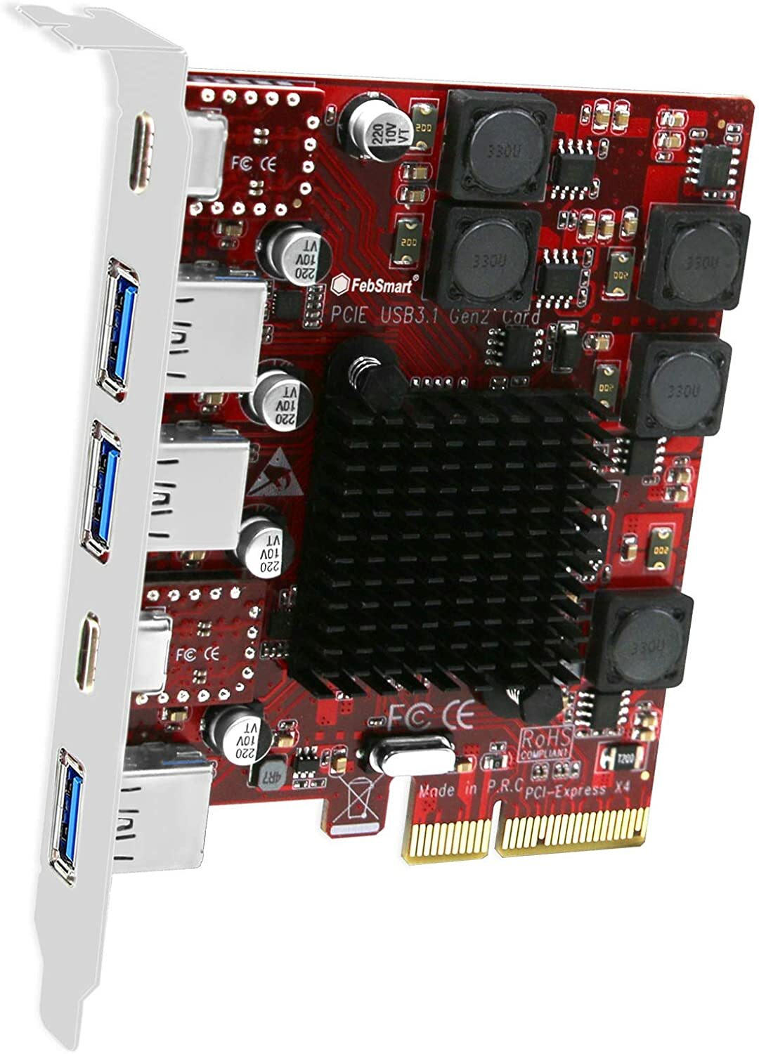 FebSmart 2X USB-C & 3X USB-A 10Gbps Ports PCIE USB 3.2 Gen 2 Card (FS-A3C2-Pro)