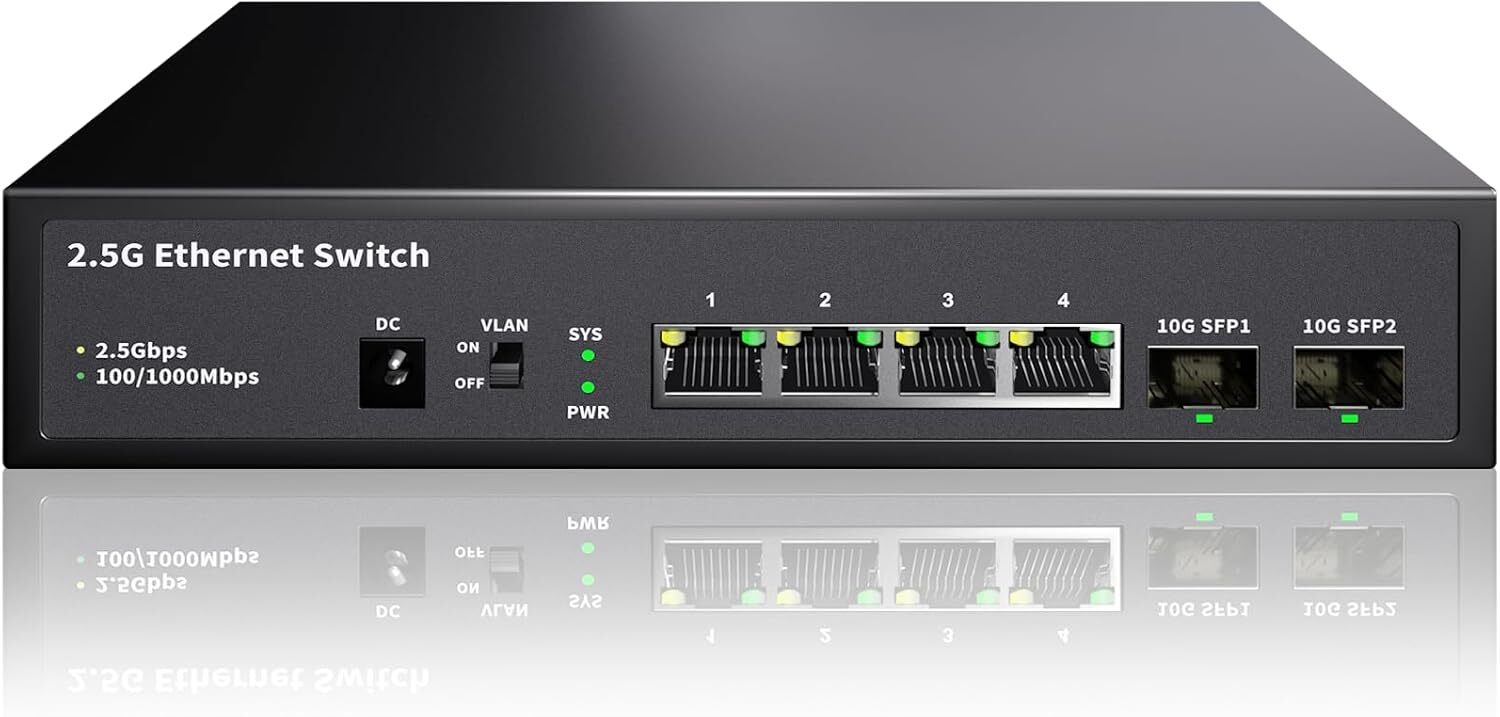 6-Port 2.5G Unmanaged Ethernet Switch 4X 2.5G Base-T Ports 2X 10G SFP 60Gb