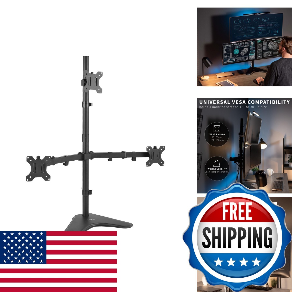 VIVO Triple LCD LED Computer Monitor Desk Stand, Standing Heavy Duty Fully