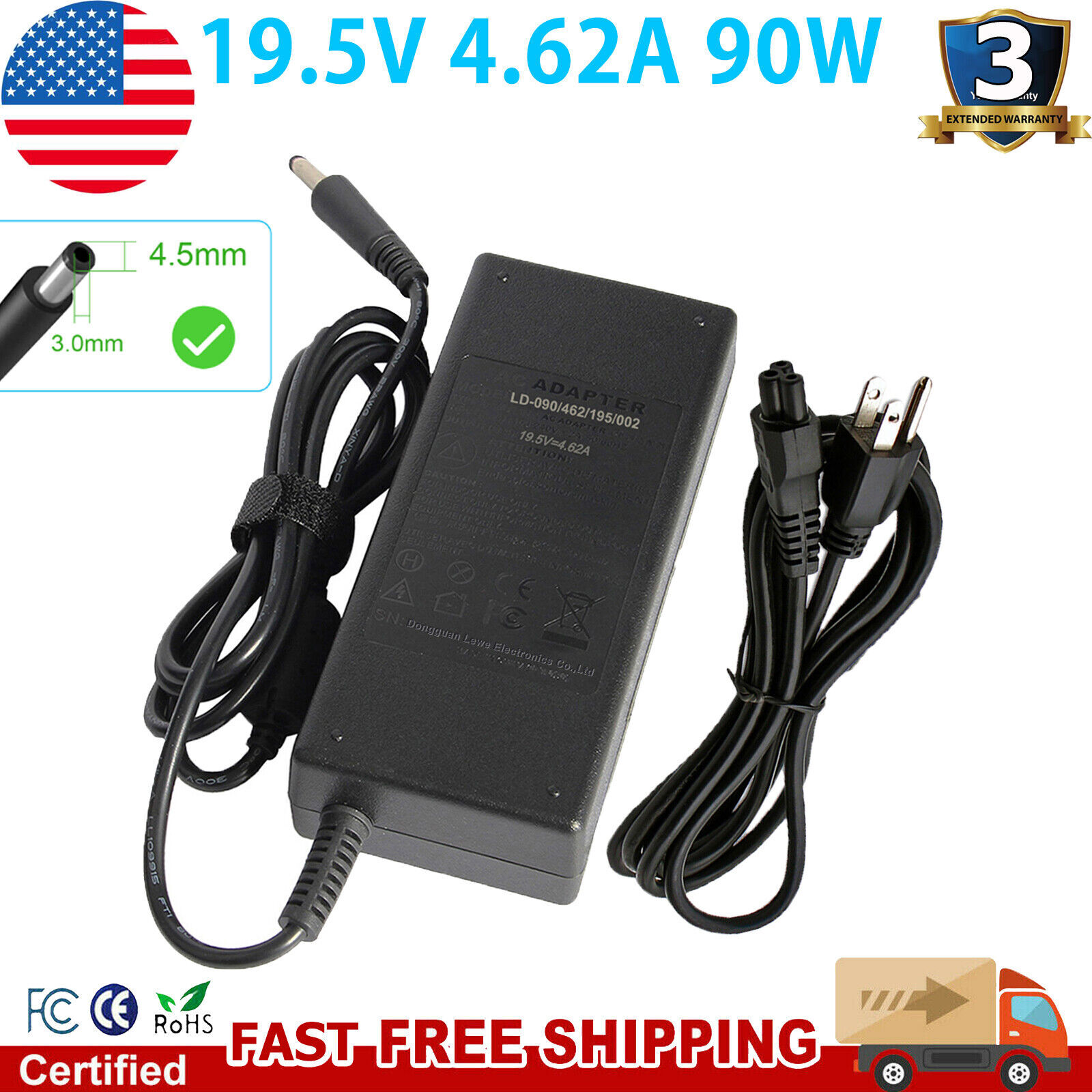 For Dell 90-Watt 4.5mm Barrel AC Adapter Laptop Charger Power Supply Cord 