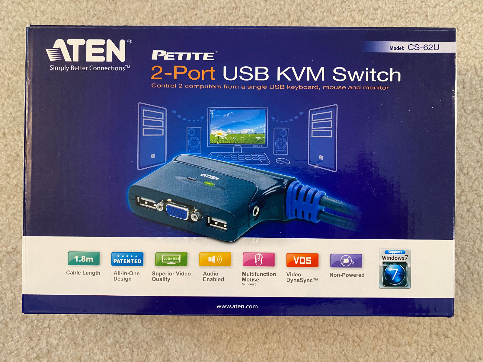 ATEN PETITE 2-PORT USB KVM SWITCH CS-62U 1.8m VIDEO AUDIO CABLE NIB 