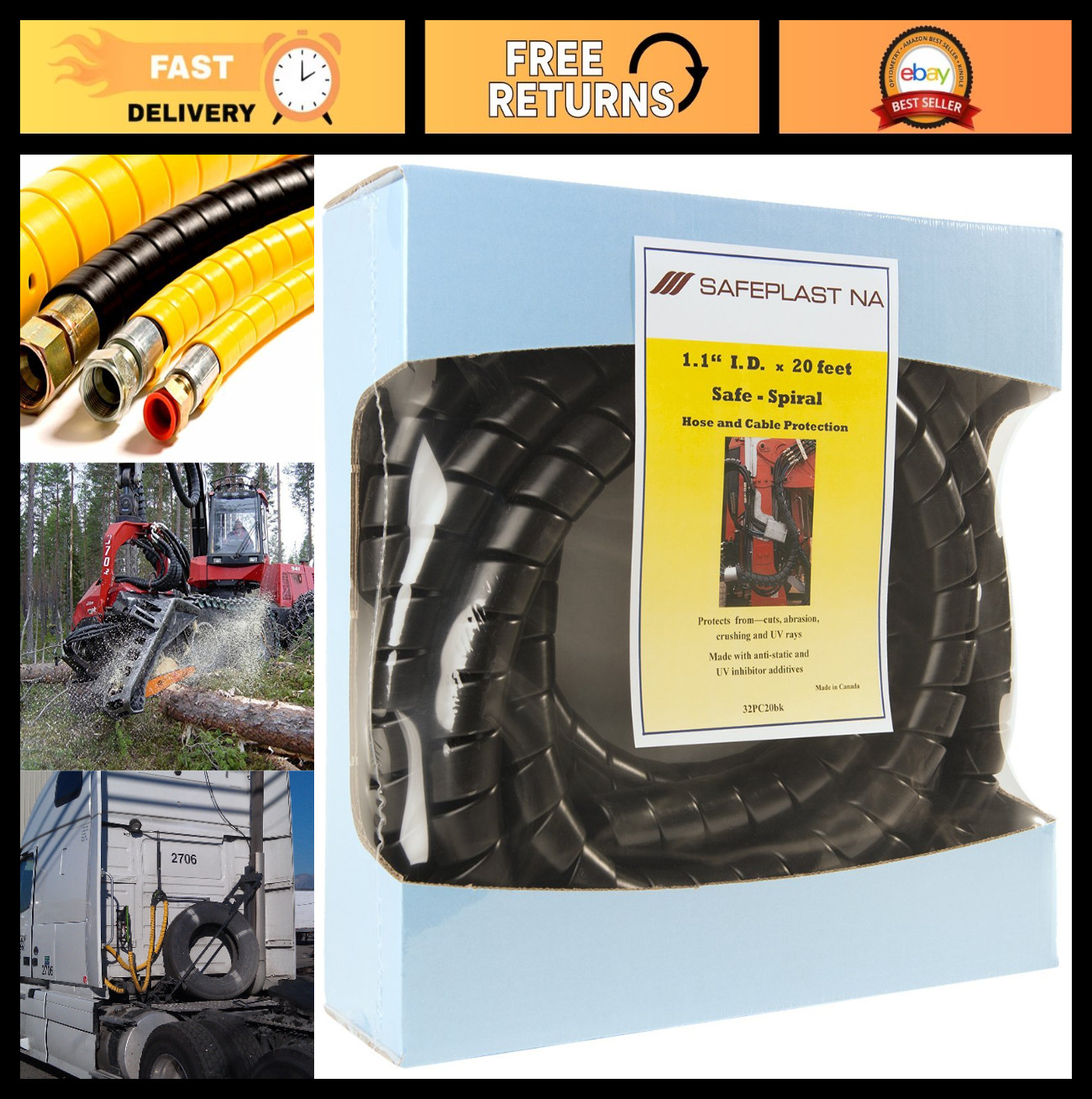 Spiral Wrap Hose & Cable Protector, Pre-Cut 1.25" OD x 20', Black HD-PE, 32PC20b