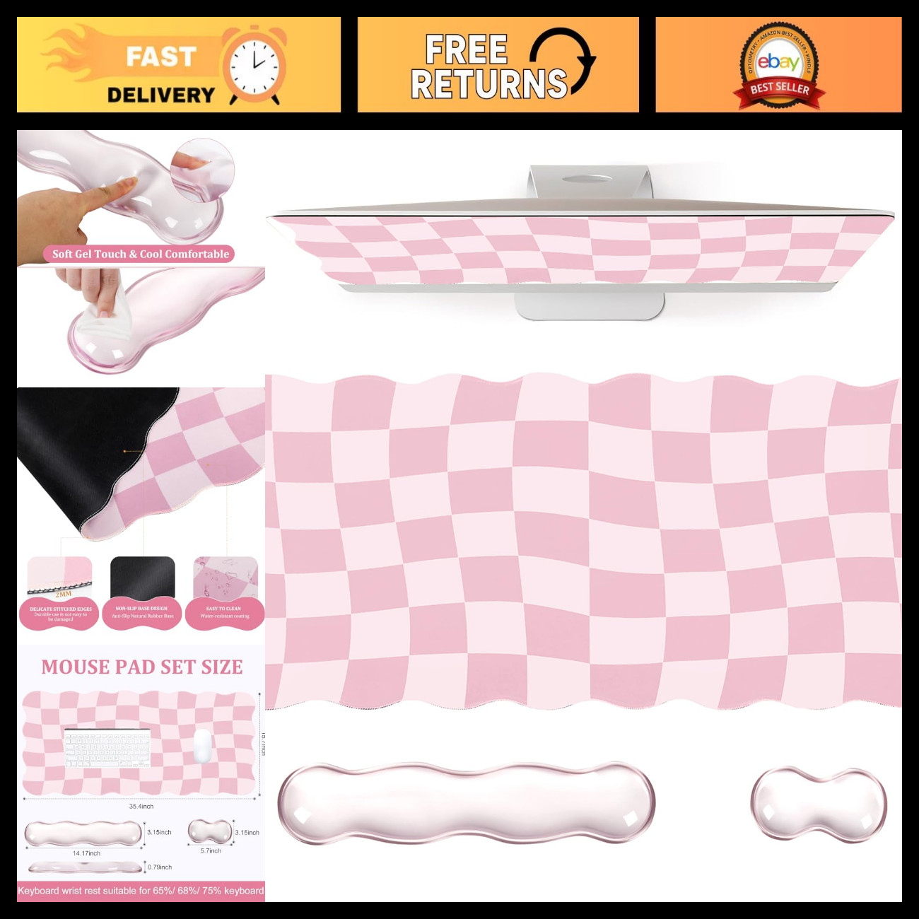 Pink Checkered Mouse Pad Set, Scalloped Pastel XXL Desk Mat for Gaming & Office