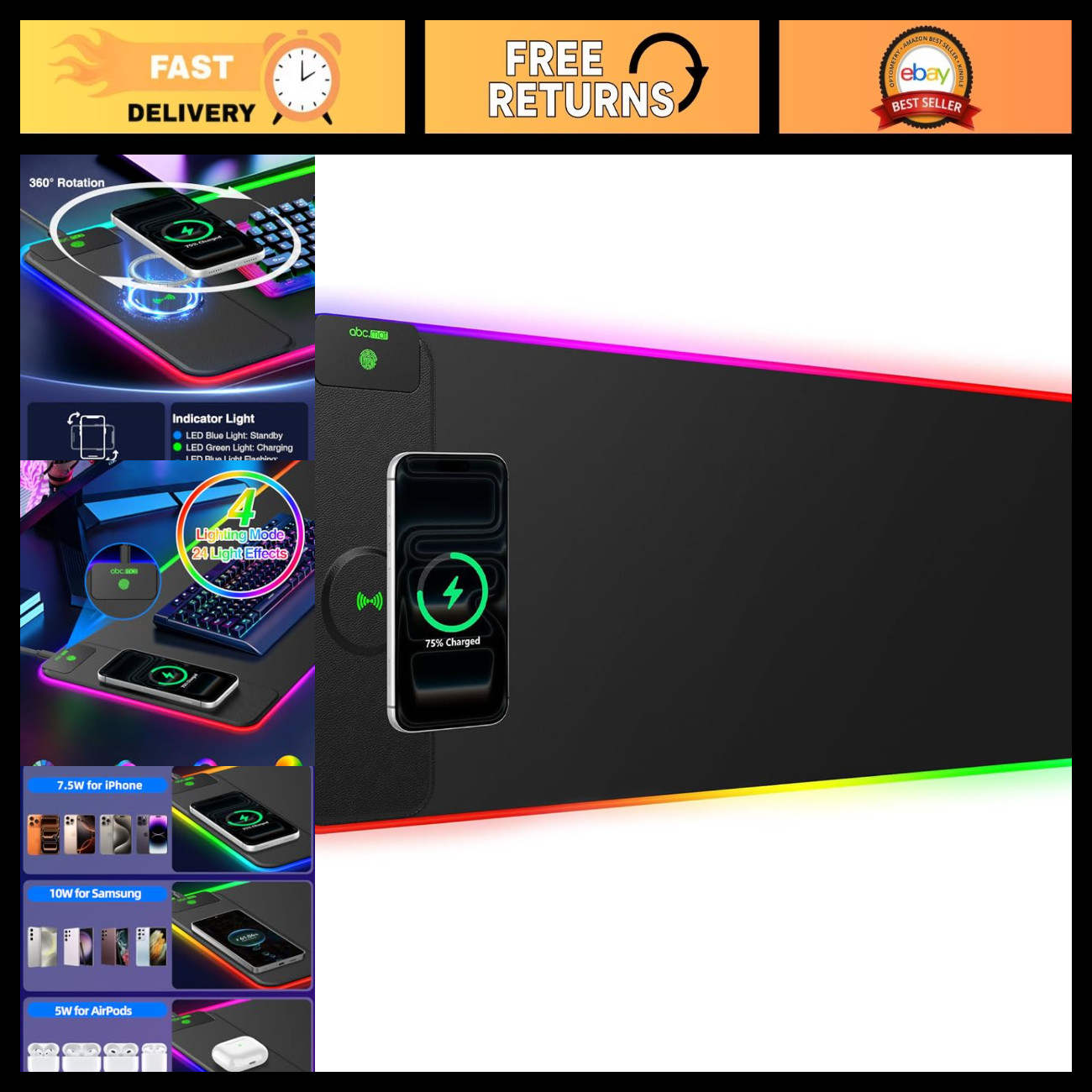RGB Large Gaming Mouse Pad with 15W Wireless Charging - 31.5'' x 11.8''
