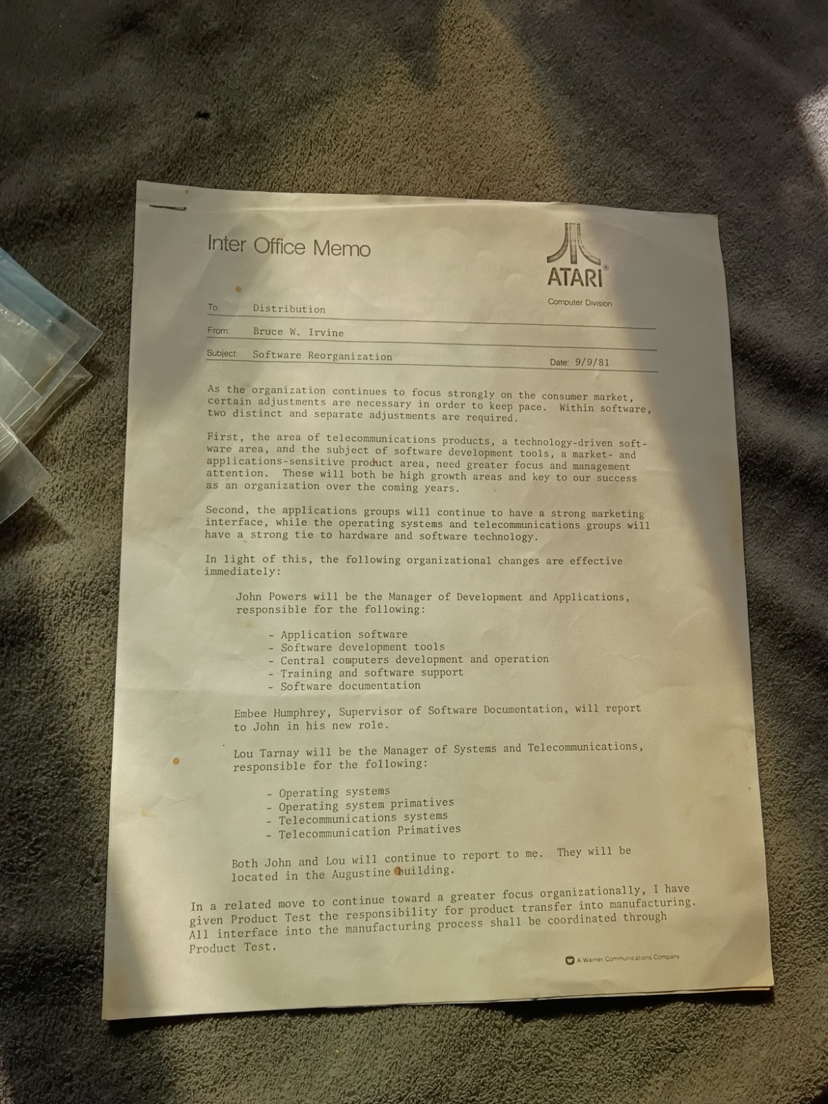 Vintage 1981 Atari Computer Division Inter-Office Memo  / Executive Signed)
