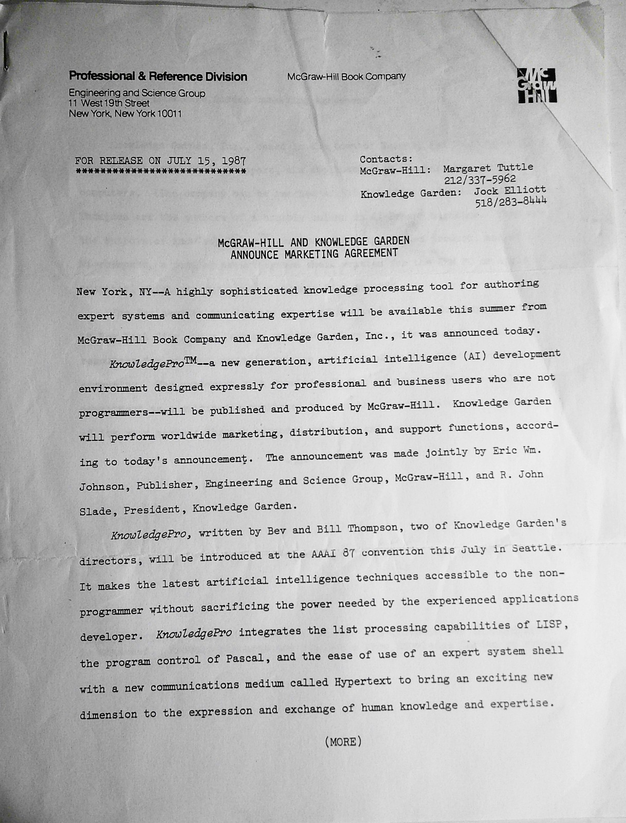 [Artificial Intelligence] 1987 McGraw-Hill KnowledgePro marketing Press Release