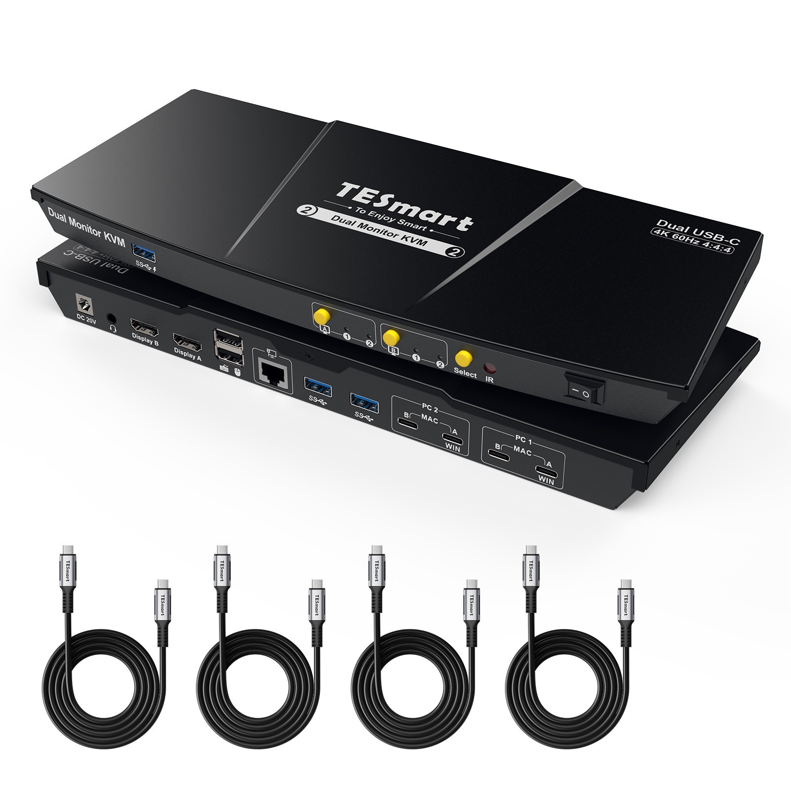 TESmart Dual Monitor USB-C KVM Switch 4K@60Hz for 2 Laptops MST, EDID, USB 3.0
