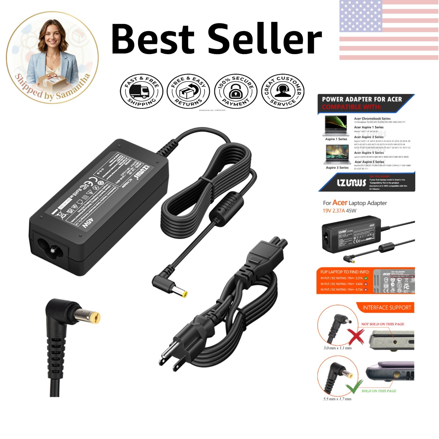 Versatile 45W AC Adapter Charger for Acer - 5.5x1.7mm Connector, Safety .