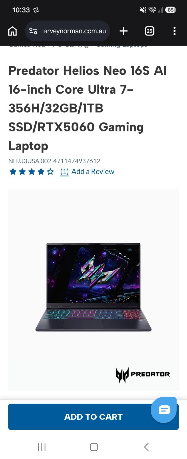 Acer Predator Helios Neo 16S AI 16in Ultra 7-356H 32GB 1TB RTX 5060 Black
