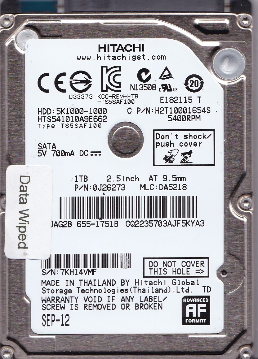 Hitachi/APPLE HTS541010A9E662 SEP-12 655-1751B mlc: DA5218 pn: 0J26273 1TB SATA