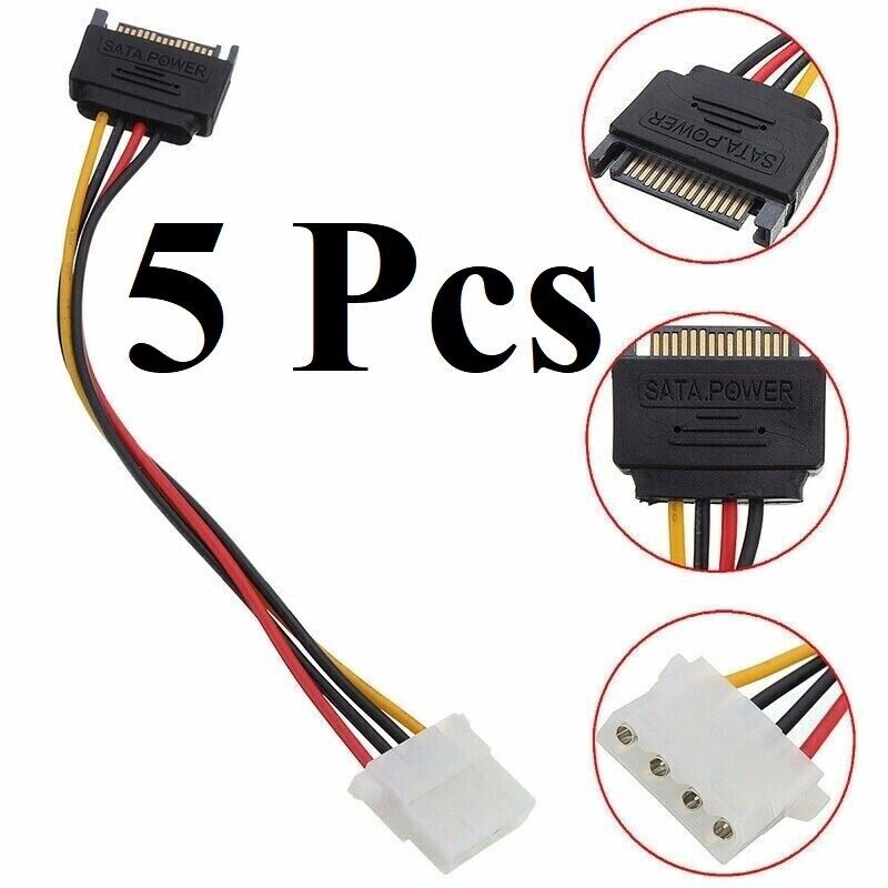 5Pcs IDE/Molex 4-Pin Male To Serial ATA SATA 15-Pin Female Power Adapter Cable