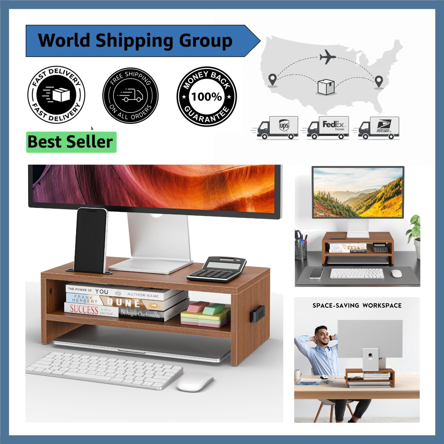 Ergonomic 2-Tier Wooden Monitor Stand Riser for Comfortable Workspace
