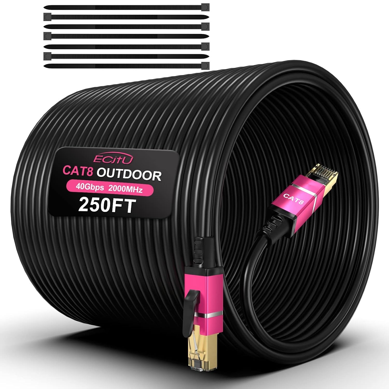 250FT Cat8 Outdoor In Ground Ethernet Cable 26AWG Pure Copper Heavy Duty